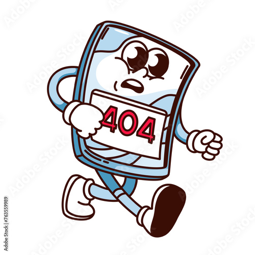 Groovy smartphone cartoon character with 404 error on screen. Funny retro phone walking with sad expression, page disconnect mascot, cartoon 404 mistake sticker of 70s 80s style vector illustration