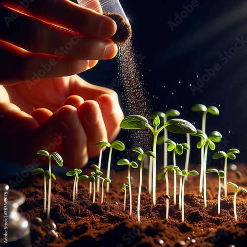 A person's hands carefully sprinkling soil around tender young plants, symbolizing growth and care. The seedlings are bathed in warm light, emphasizing the nurturing environment essential for growth