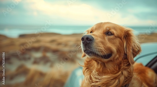 Family Traveling with Golden Retriever on Beach in Classic Car Generative AI