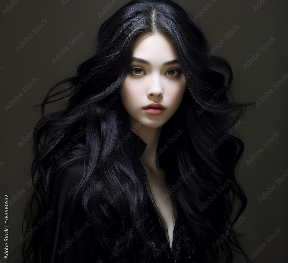 a beautiful woman blowing her long black hair on a grey background, concept of Beauty and hair care with keratin. Generative AI. a beautiful woman blowing her long black hair on a grey background, concept of Beauty and hair care with keratin. Generative AI.