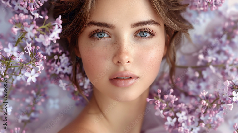 Close up beautiful  young woman portrait with lilac flowers.