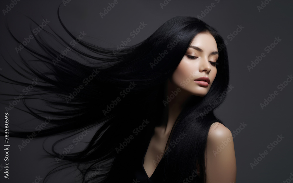 a beautiful woman blowing her long black hair on a grey background, concept of Beauty and hair care with keratin. Generative AI. a beautiful woman blowing her long black hair on a grey background, concept of Beauty and hair care with keratin. Generative AI.