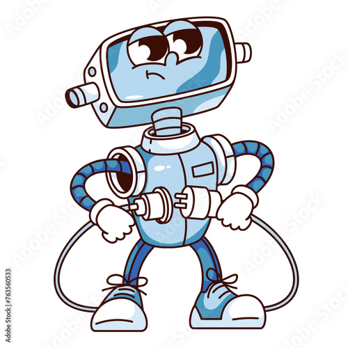 Groovy robot cartoon character holding plug and socket to connect. Funny retro android repairing network disconnect, internet failure mascot, cartoon robot sticker of 70s 80s style vector illustration
