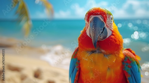Colorful Macaw Parrot in Sharp Focus on the Beach Against a Sea Backdrop Generative AI