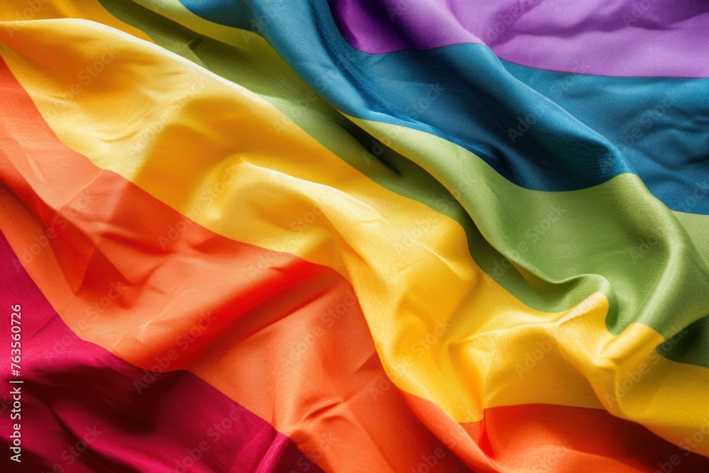 A rainbow flag is shown in a close up A rainbow flag is shown in a close up