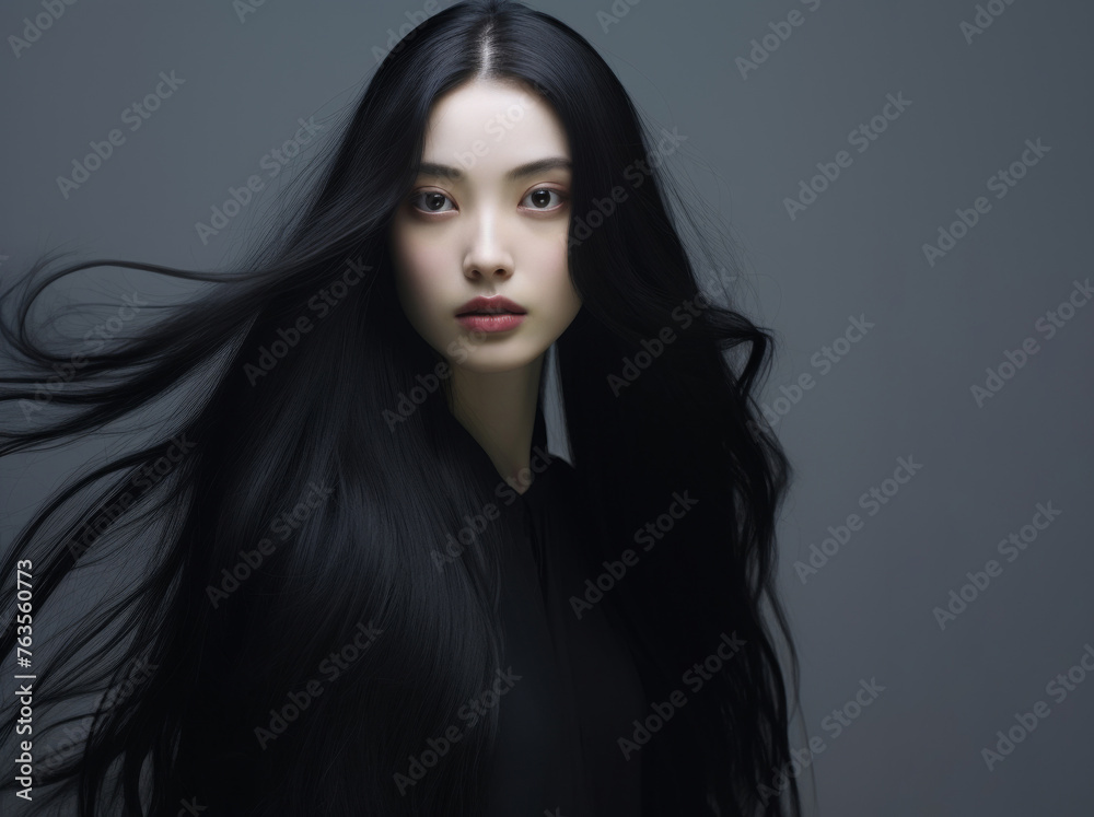 a beautiful woman blowing her long black hair on a grey background, concept of Beauty and hair care with keratin. Generative AI. a beautiful woman blowing her long black hair on a grey background, concept of Beauty and hair care with keratin. Generative AI.