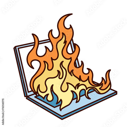 Groovy cartoon laptop with fire. Funny retro computer burning, crash and data damage, failure of internet security mascot. Cartoon flame on laptop sticker of 70s 80s style vector illustration