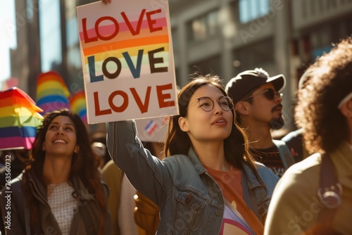 A woman holding a sign that says "Love Love" in a crowd of people © JCIPhoto