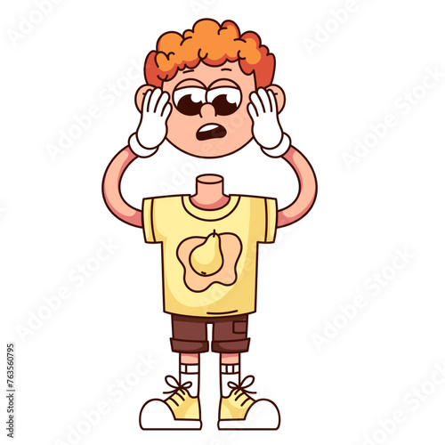 Groovy quirky boy cartoon character holding severed head. Funny retro ripped silly man, scary failure and mistake mascot, cartoon person missing head sticker of 70s 80s style vector illustration