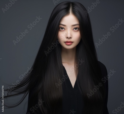 a beautiful woman blowing her long black hair on a grey background, concept of Beauty and hair care with keratin. Generative AI.