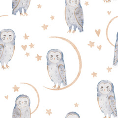 Crédence de cuisine Aquarelle ensemble 1 patrons Cute seamless pattern with owls, stars and hearts. Watercolor illustration  © BloomPix