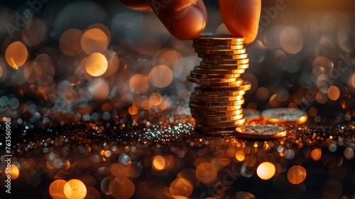 Financial Stability  Hand Stacking Coins on a Dark Background with Glittering Lights Generative AI