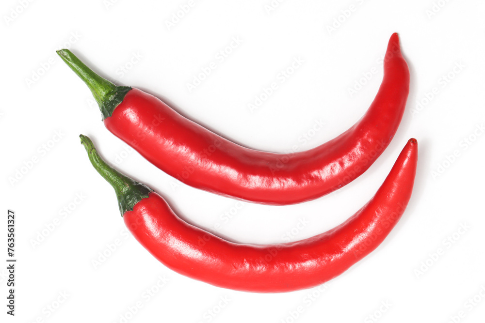 Two red hot chili pepper top view isolated on white background clipping path