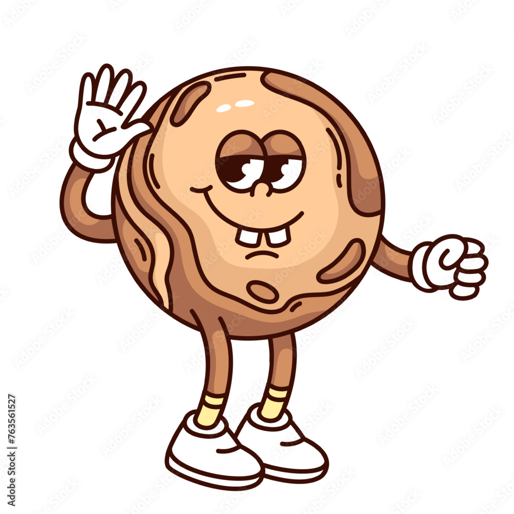 Groovy Mercury cartoon character greeting with hand up. Funny retro brown planet of Solar system with smile and teeth, astronomy mascot, cartoon Mercury sticker of 70s 80s style vector illustration Groovy Mercury cartoon character greeting with hand up. Funny retro brown planet of Solar system with smile and teeth, astronomy mascot, cartoon Mercury sticker of 70s 80s style vector illustration