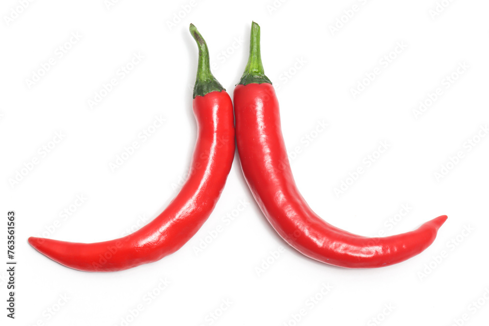 Two red hot chili pepper top view isolated on white background clipping path Two red hot chili pepper top view isolated on white background clipping path