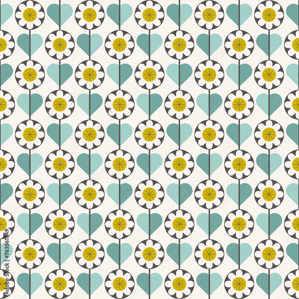 Mid Century Blue And Yellow Retro Floral Pattern 