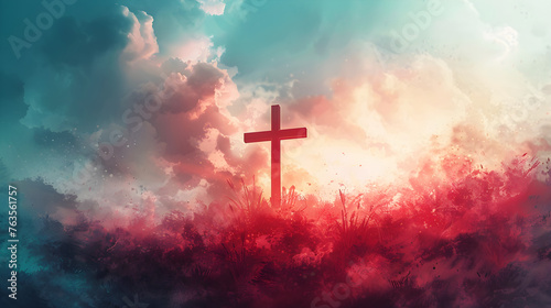 A spiritual illustration of Jesus on the cross with a Christian background. It represents faith, belief, and hope. © NE97