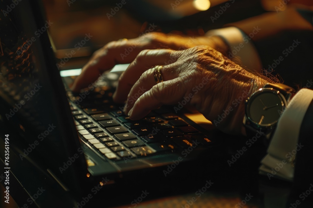 Close-up shot of a businessmans hands typing on a laptop keyboard, illustrating productivity and professionalism in a modern workplace