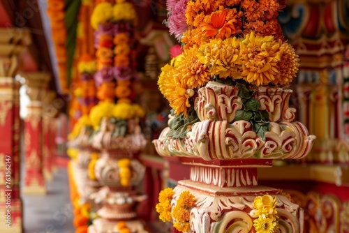 A cluster of various flowers delicately placed on top of a tall pillar, showcasing ornate decorations during a cultural festival