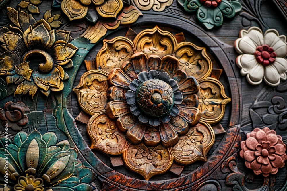 Detailed view of decorative wall adorned with intricate flowers, showcasing craftsmanship and cultural significance