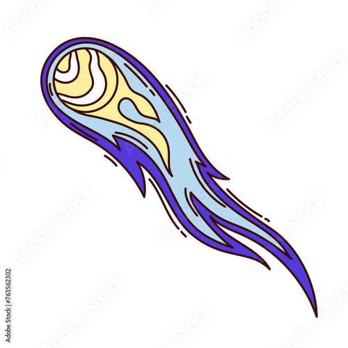 Groovy cartoon flying comet with fire tail. Funny retro fast meteor of meteoroid shower with flame and dust trail, fantasy space mascot, cartoon comet sticker of 70s 80s style vector illustration