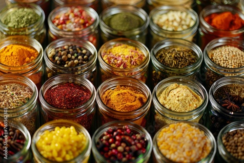 Many jars filled with different types of spices, showcasing the rich diversity of flavors in culinary expressions