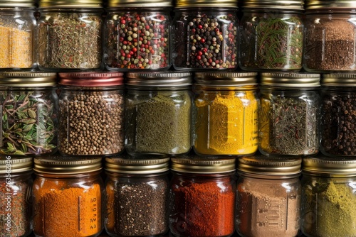 A vibrant display of various spices and seasonings filling jars, showcasing the diverse range of flavors in culinary creations