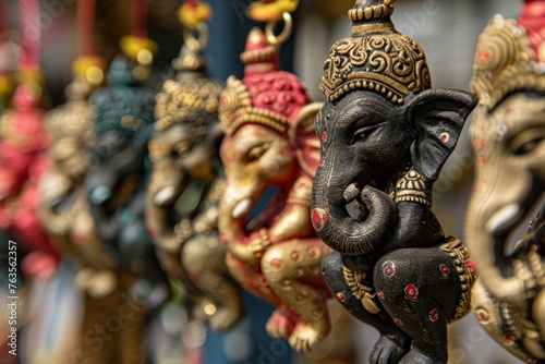 Array of meticulously painted Ganeshi figurines showcasing vibrant colors and intricate details, reflecting cultural significance and craftsmanship