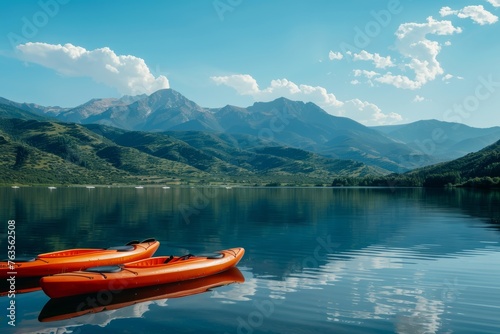 Two vibrant red kayaks are resting on the calm lake water, with towering mountains in the background
