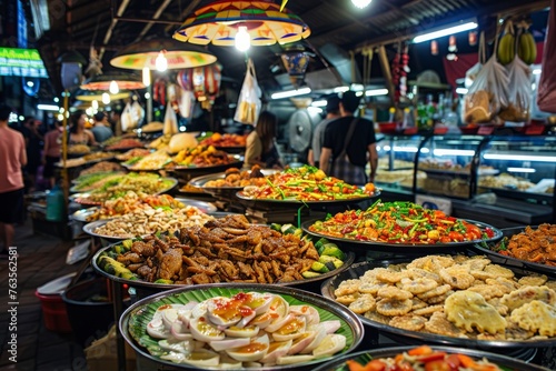 A colorful assortment of plates filled with various dishes displayed on a table at a bustling food market, showcasing the diversity of culinary offerings