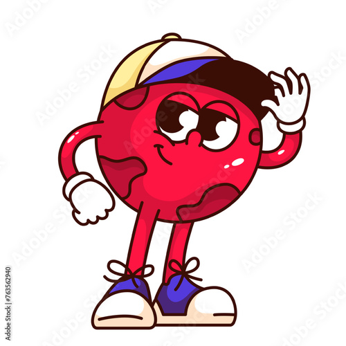 Groovy Mars planet cartoon character waving hand. Funny retro globe boy with baseball cap and sneakers greeting, fun astronomy mascot, cartoon red planet sticker of 70s 80s style vector illustration