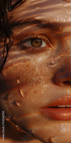 close up of a wet model face in the summer