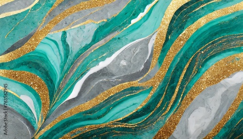 abstract background of marble texture marbled with wavy veins of turquoise gold and silver gold powder agate