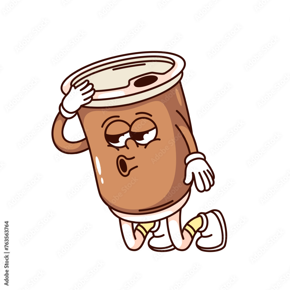 Groovy tired takeaway coffee cup cartoon character. Funny retro sleepy disposable mug with headache in morning, tiredness mascot, cartoon beverage coffee sticker of 70s 80s style vector illustration Groovy tired takeaway coffee cup cartoon character. Funny retro sleepy disposable mug with headache in morning, tiredness mascot, cartoon beverage coffee sticker of 70s 80s style vector illustration