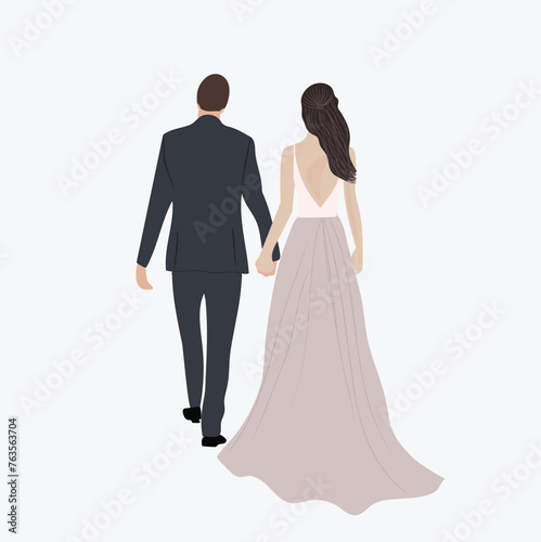 Wedding couple. Bride in wedding dress  just married couple and marriage ceremony vector illustration. Bride and groom Faceless portrait