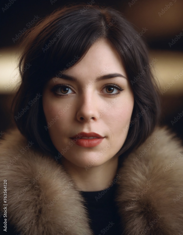 Close-up portrait of a young girl with a bob hairstyle and fur collar. A look into the camera. Close-up portrait of a young girl with a bob hairstyle and fur collar. A look into the camera.