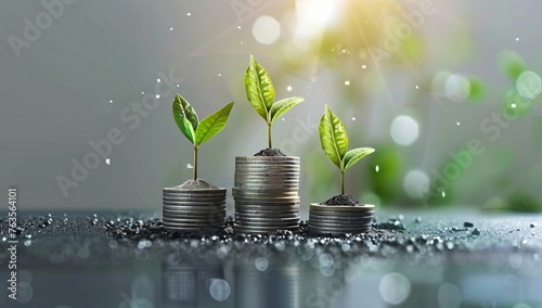 Three stacks of coins with sprouting plants on top, growing in proportion from left to right, symbolizing growth and development of money over time and success