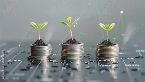 Three stacks of coins with sprouting plants on top, representing growth and progress in financial succes