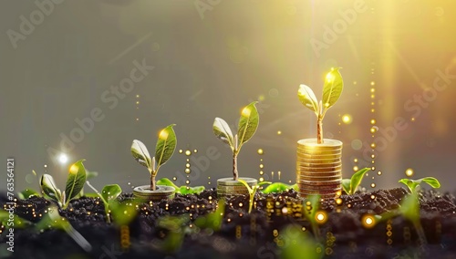 financial growth graph with coins and sprouting plants, representing business success in the digital ag