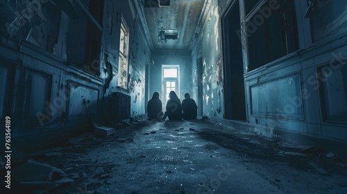 A haunting scene of individuals seated at the end of a dimly lit hallway within an abandoned building  creating an atmosphere of suspense and mystery