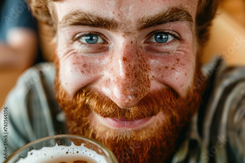 A happy man is drinking a m...