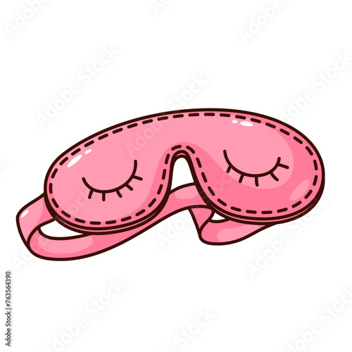 Groovy cartoon sleep mask with eyelashes on eyes closed. Funny retro cute pink blindfold, sleepwear and good night mascot, cartoon accessory for sleep sticker of 70s 80s style vector illustration
