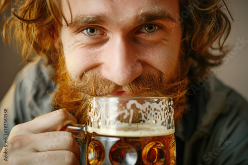 A happy man is drinking a m...