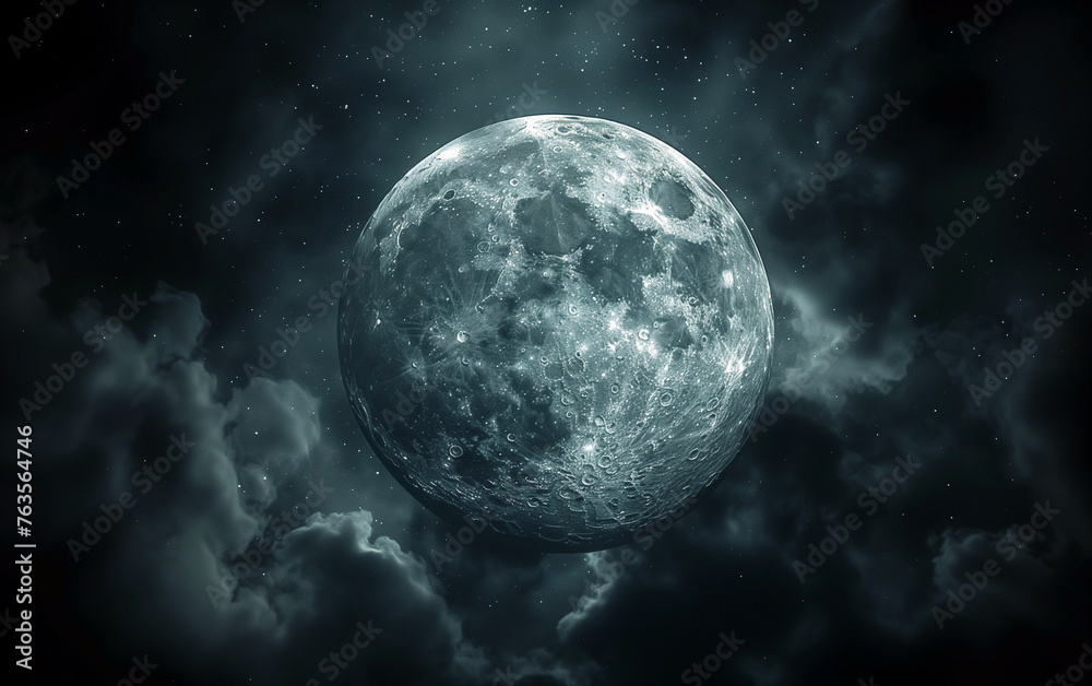 Symmetrical telescope view: moon shrouded in clouds, cinematic and atmospheric