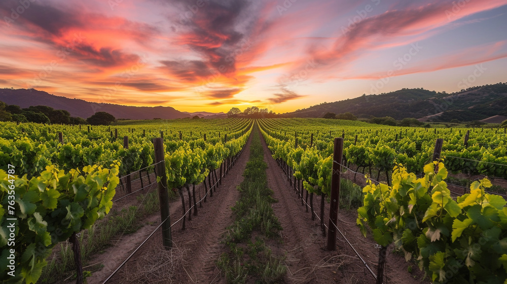 A sunset time lapse over a lush vineyard, with the rows of vines casting long shadows as the sky transitions through a kaleidoscope of colors, culminating in a serene nightfall.