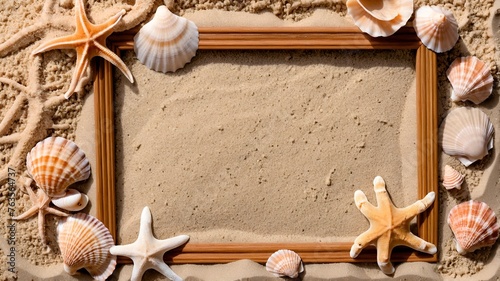 Frame with shells on sand. Summer background