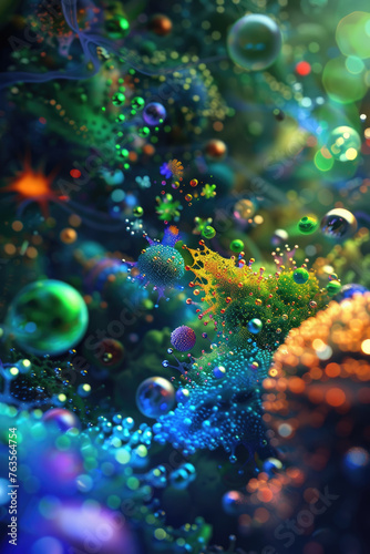 A dazzling display of colorful microscopic organisms, featuring intricate details and vibrant hues © sommersby