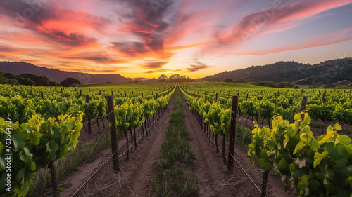A sunset time lapse over a lush vineyard, with the rows of vines casting long shadows as the sky transitions through a kaleidoscope of colors, culminating in a serene nightfall.