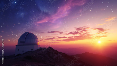 A sunset time lapse over a high-altitude observatory, with the dome silhouetted against the rapidly changing colors of the twilight sky, symbolizing the intersection of earth and cosmos.