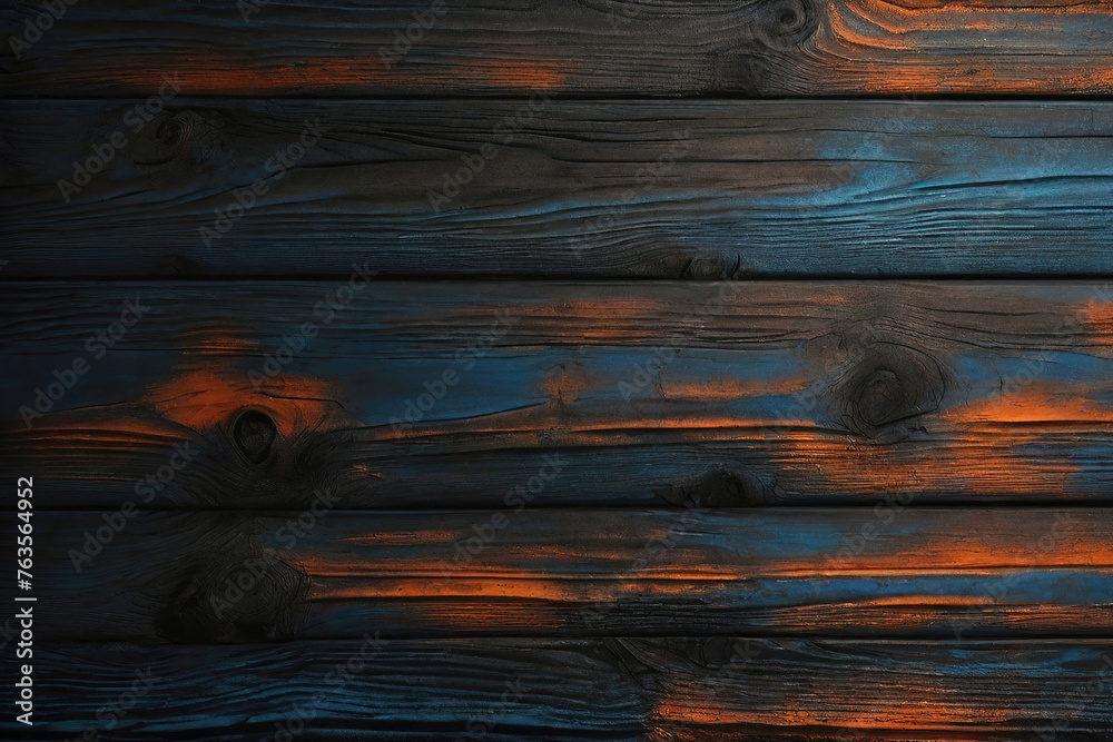 Fototapeta premium Black and Blue and Orange Dark Dirty wood wall wooden plank board texture background with grains and structures